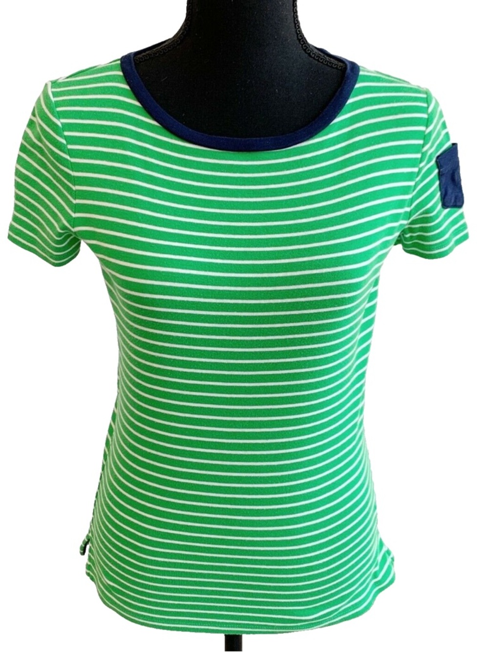 Lauren Ralph Lauren Striped Pocket Tee – Green & White, Size S 💚🤍💙